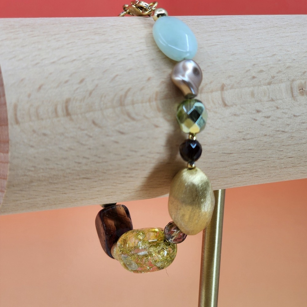 925 FAS Clasp Mixed Bead Bracelet Gold Tone Crackle Glass Brown Green Boho Gift